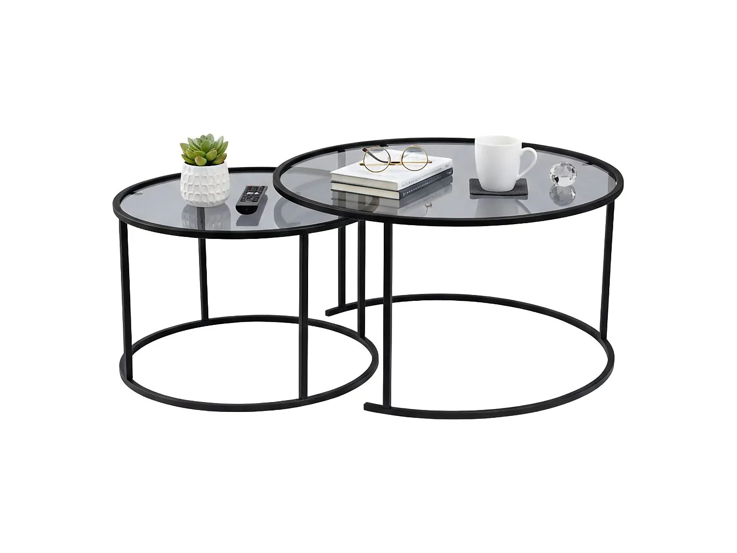 Salontafel Aedion, set van 2 tafeltjes, 80x80x43h cm Zwart, ronde vorm, kleurverloop rookglas blad