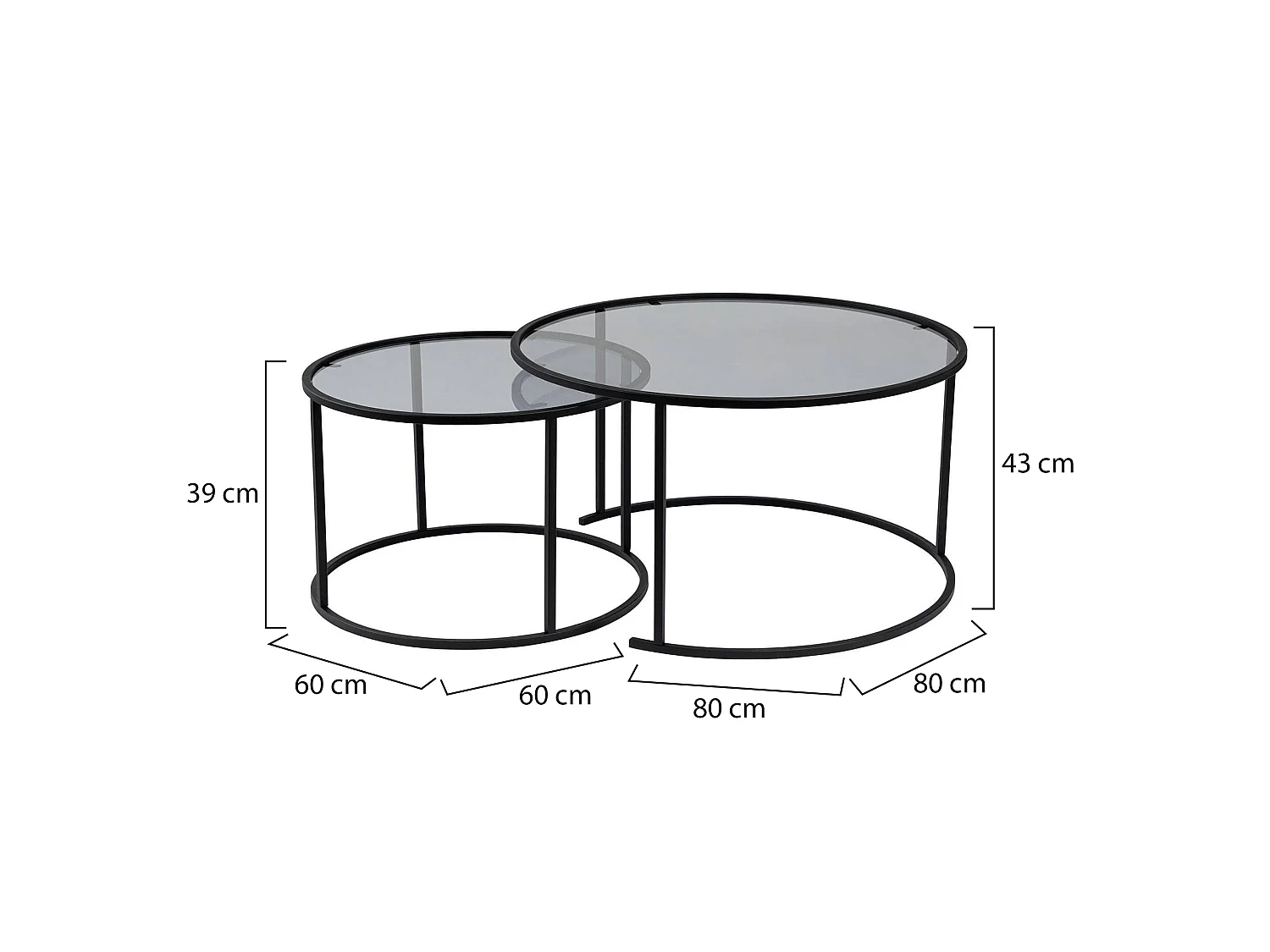 Salontafel Aedion, set van 2 tafeltjes, 80x80x43h cm Zwart, ronde vorm, kleurverloop rookglas blad