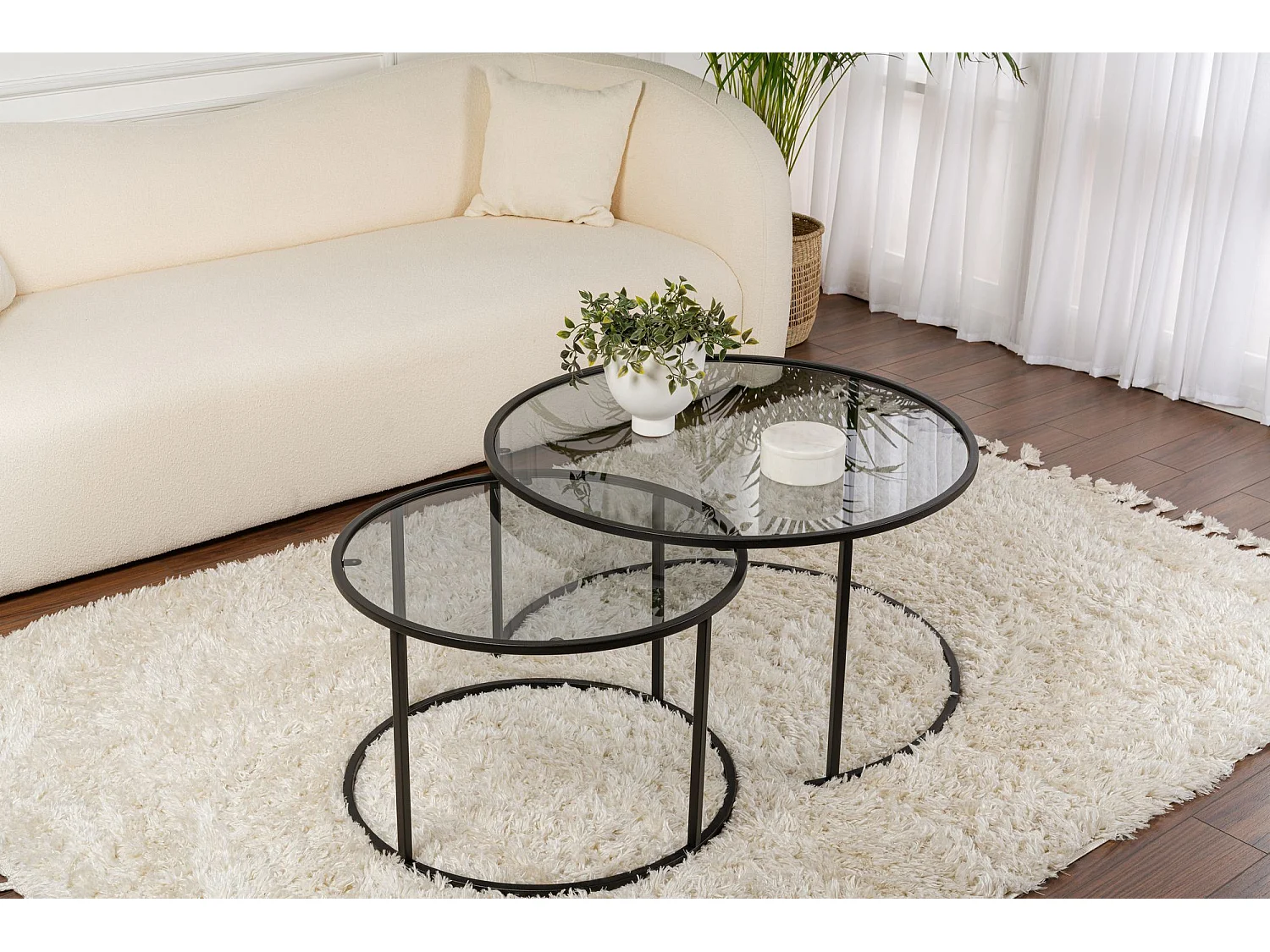 Tavolino da Salotto Lambrugo, Modulabile, 60x60x39h cm Nero, Forma Rotondo, Sfumatura Colore Ripiano Fume