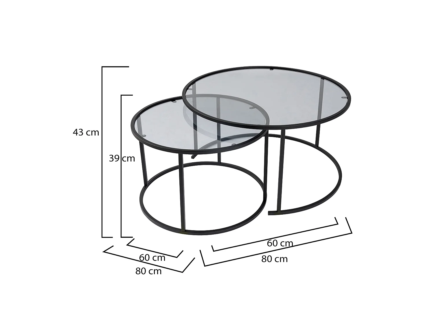 Tavolino da Salotto Lambrugo, Modulabile, 60x60x39h cm Nero, Forma Rotondo, Sfumatura Colore Ripiano Fume