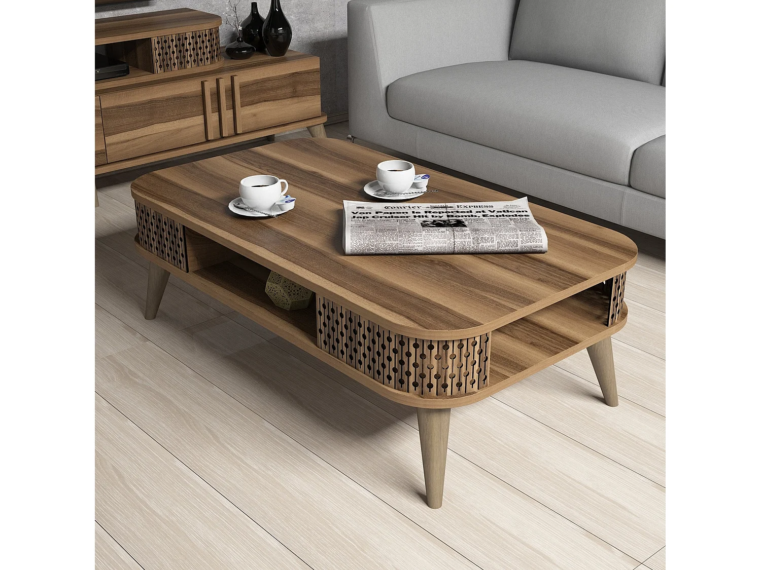 Table basse "Medicina", pieds, 105x60x35h cm, noyer marron, un compartiment, forme rectangulaire