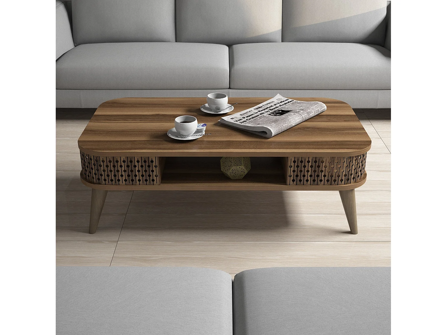 Table basse "Medicina", pieds, 105x60x35h cm, noyer marron, un compartiment, forme rectangulaire