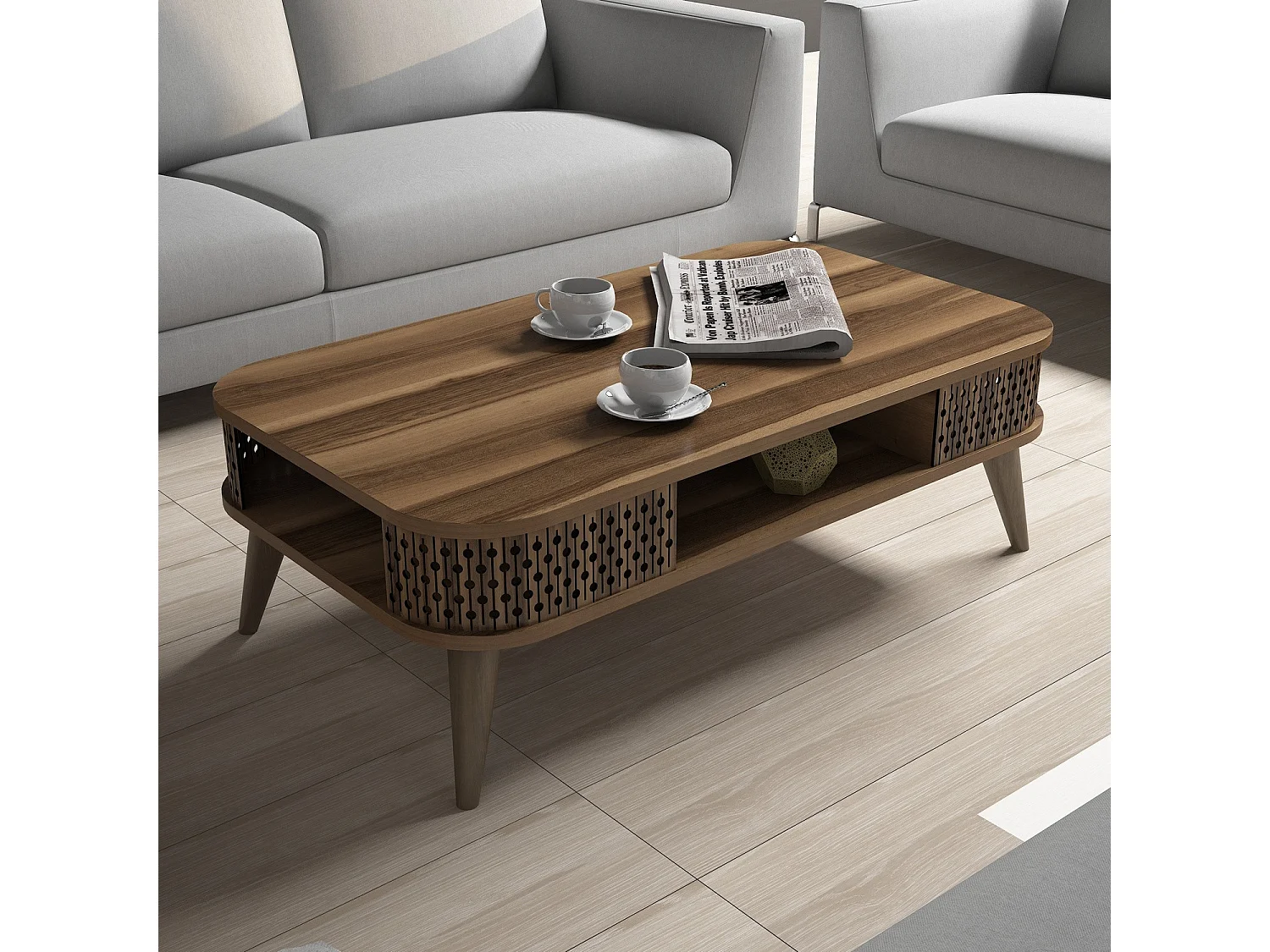Table basse "Medicina", pieds, 105x60x35h cm, noyer marron, un compartiment, forme rectangulaire