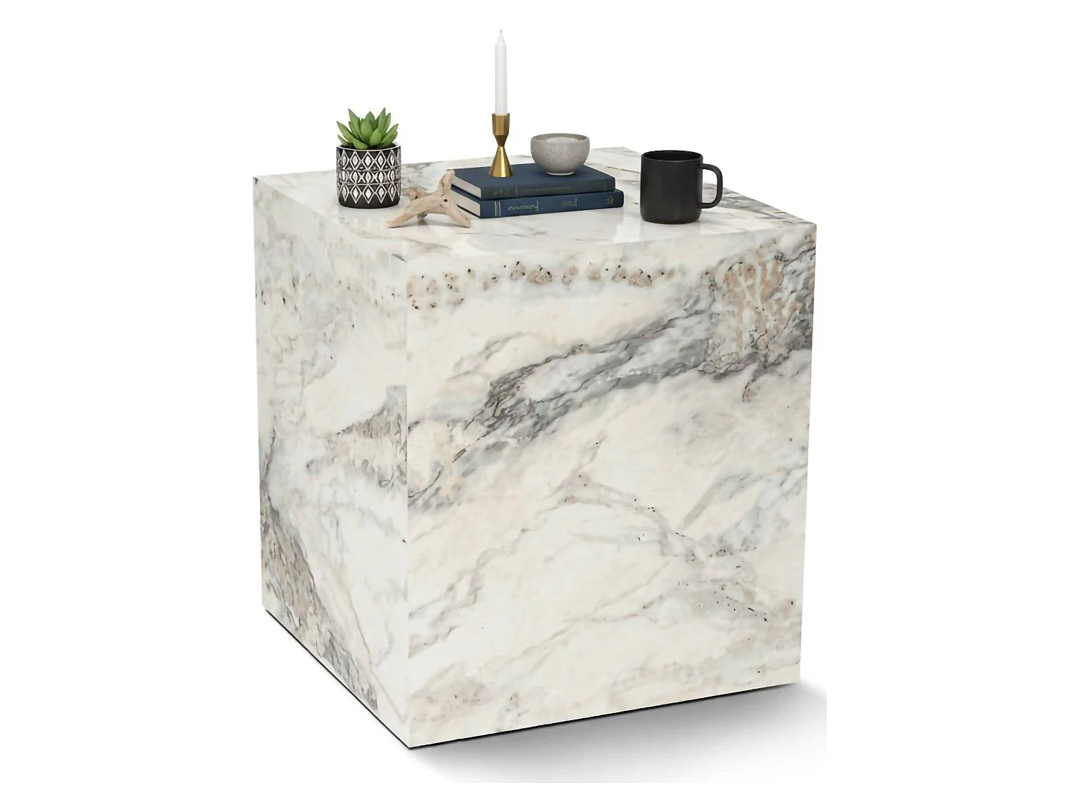 Mesa de Centro Imogen, carga máx. 10 kg, 45x45x50h cm, branco mármore, forma cúbica, tampo marmorizado degradé