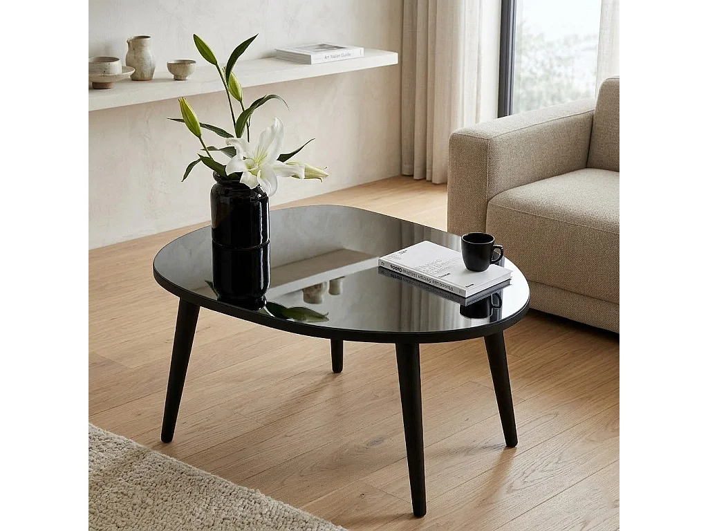 Couch-Tisch Frontone, Glasplatte, 75x55x38h cm Schwarz, oval, Glasplatte mit Rauchfarb-Effekt
