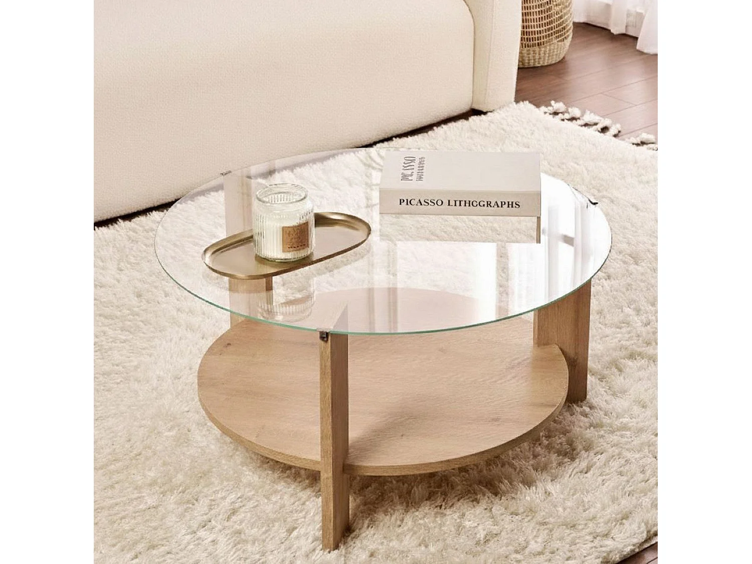 Table basse Canevino, Forme ronde, 75x75x40h cm chêne brun, Plateau en verre, Couleur plateau transparent