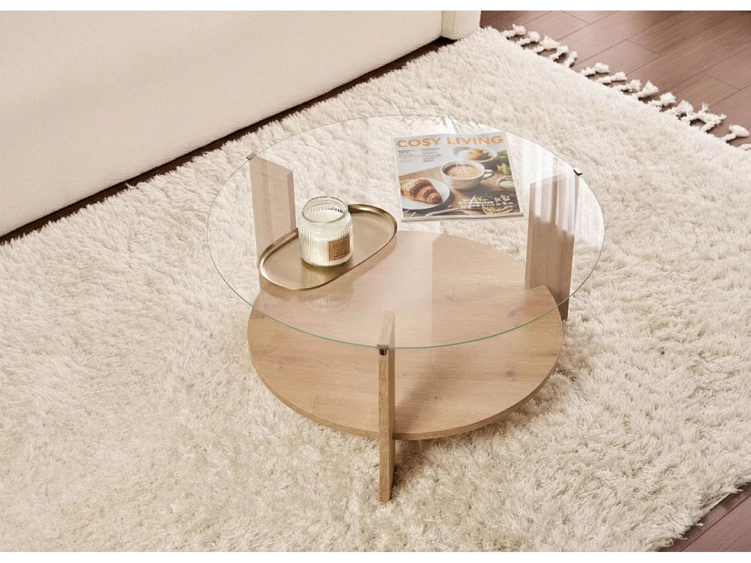 Table basse Canevino, Forme ronde, 75x75x40h cm chêne brun, Plateau en verre, Couleur plateau transparent