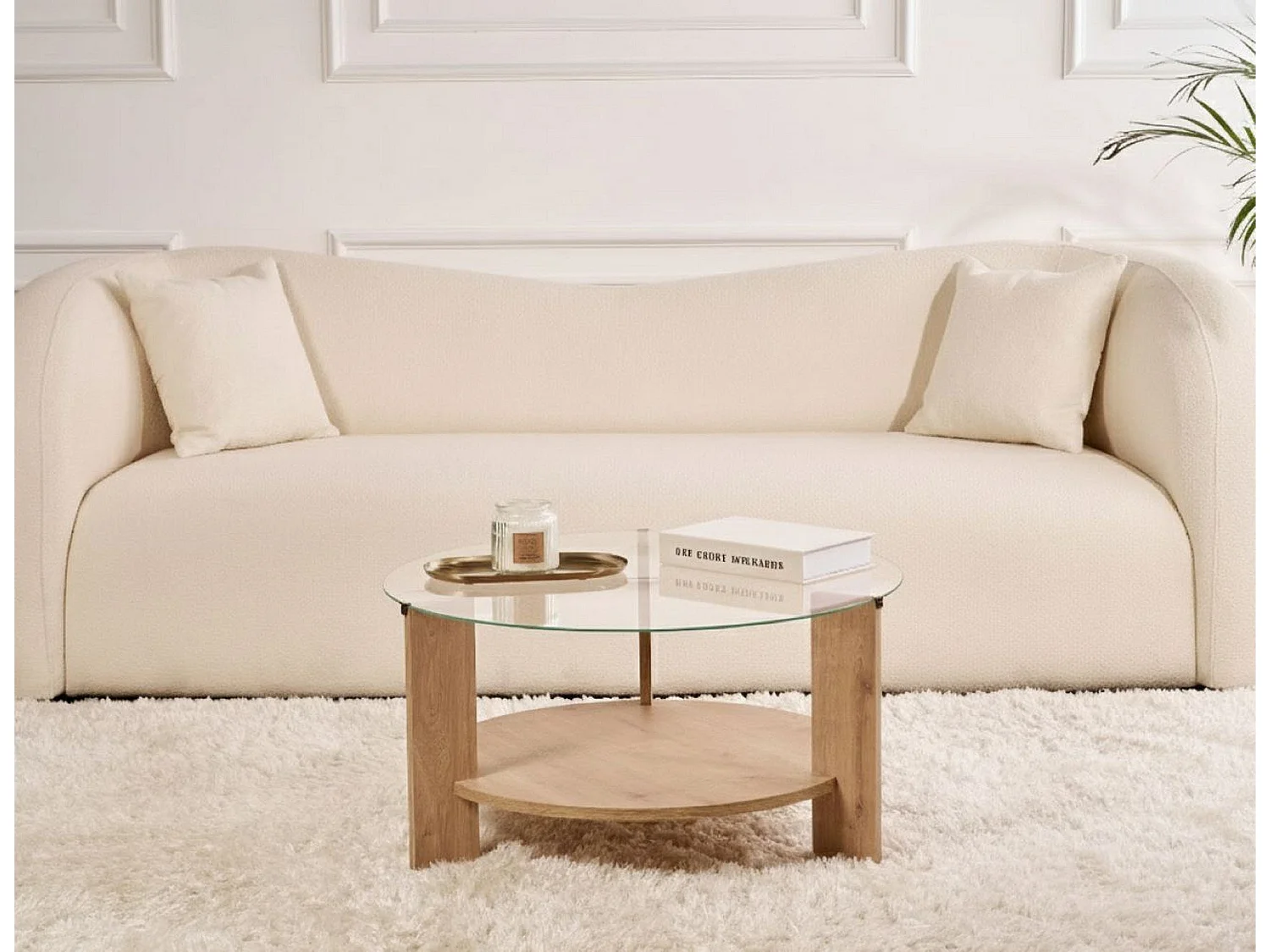 Table basse Canevino, Forme ronde, 75x75x40h cm chêne brun, Plateau en verre, Couleur plateau transparent