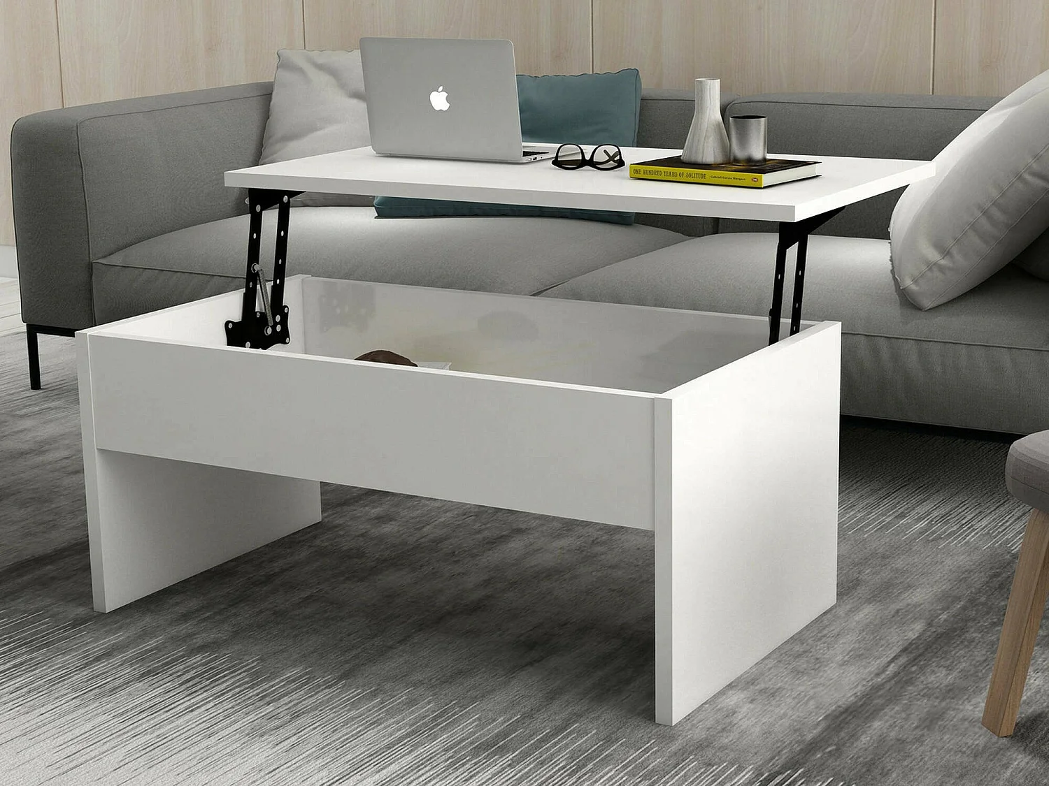 Mesa de centro Marinone, 1 compartimento, 90x45x52h cm Branco, forma retangular, tampo em madeira revestida