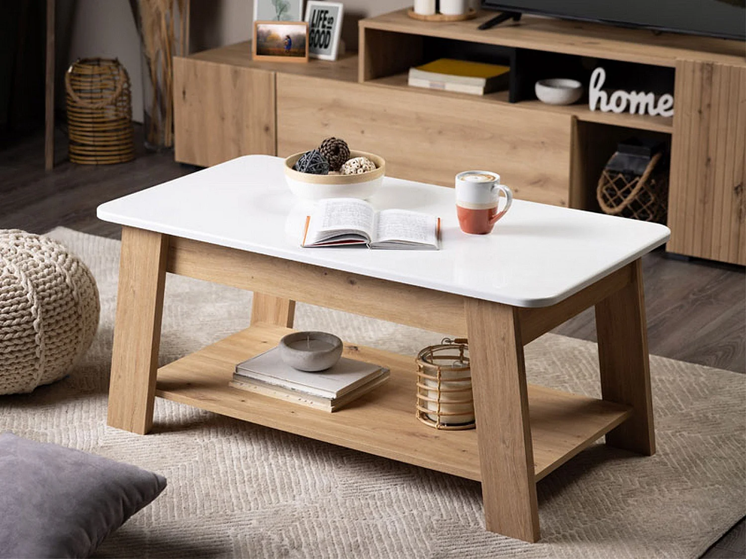 Tavolino da Salotto Casaglia, un Vano, 101x55x47h cm Bianco Lucido, Forma Rettangolare, Colore Ripiano Bianco
