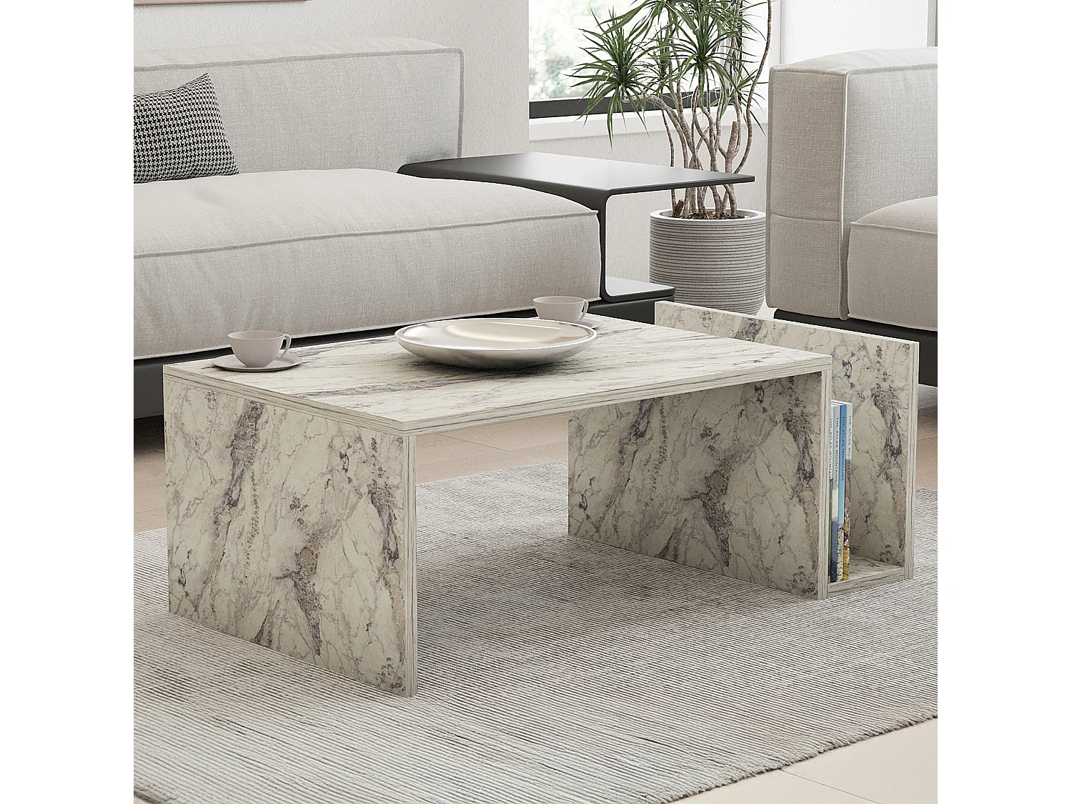 table basse\ de Salon Piuro, un Compartiment, 87x50x32h cm Blanc Marbre, Forme Rectangulaire, Plateau Effet Marbré