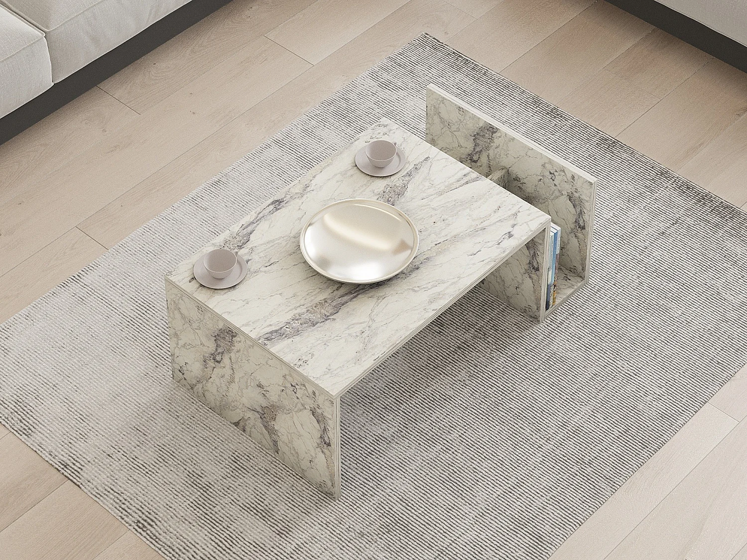 table basse\ de Salon Piuro, un Compartiment, 87x50x32h cm Blanc Marbre, Forme Rectangulaire, Plateau Effet Marbré