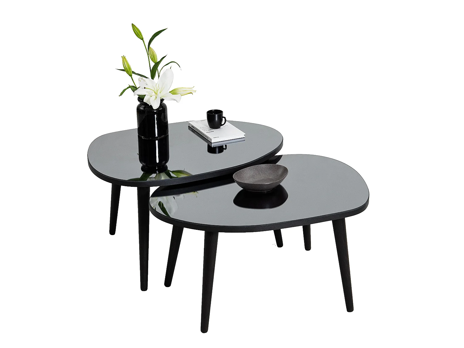 Couchtisch Cassiano, gehärtetes Glas, 75x55x38h cm Schwarz, ovale Form, Tischplatte Rauchglas