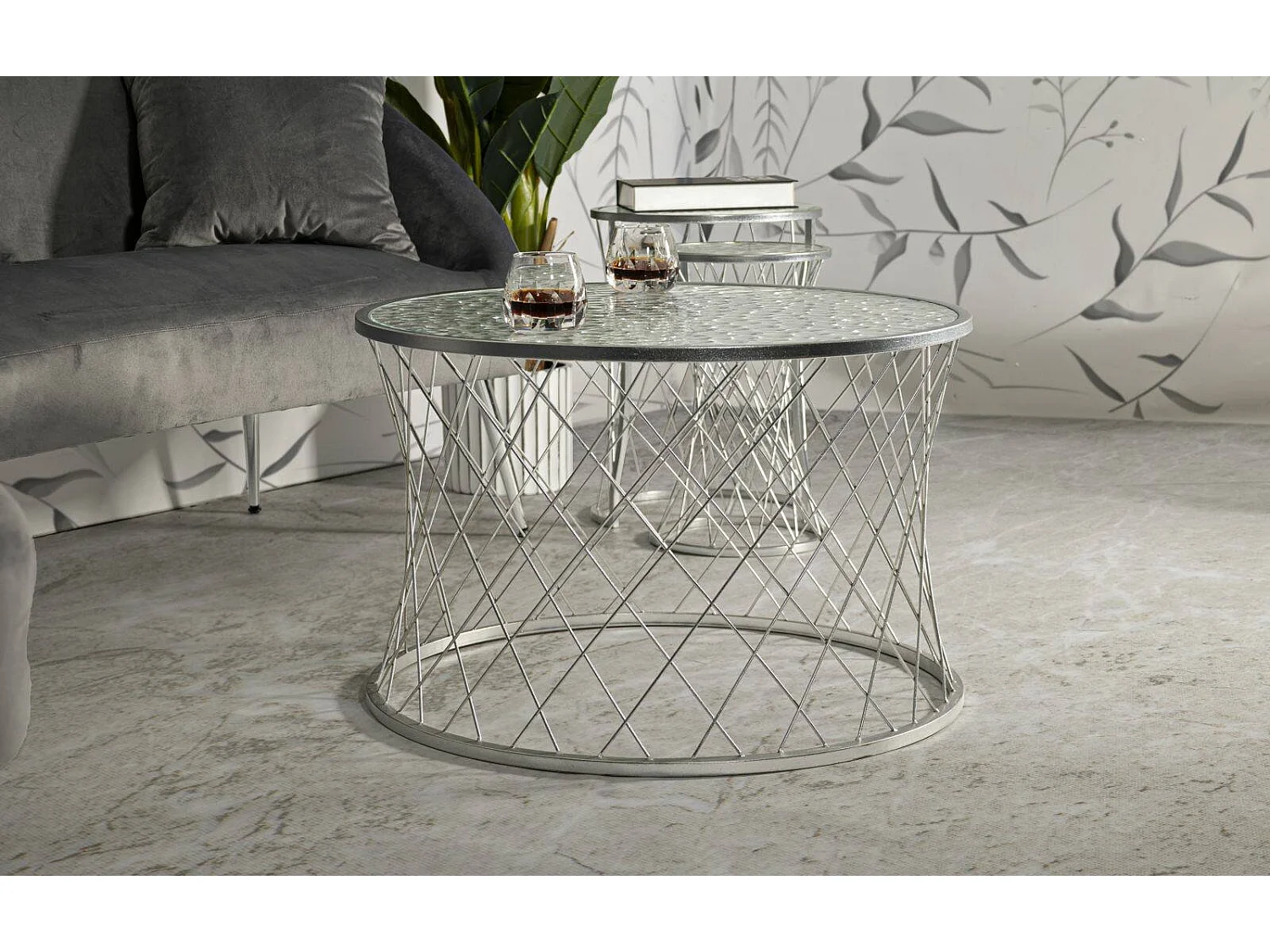 Salontafel Cabiaglio, set van 4 tafeltjes, 70x70x55h cm zilver, ronde vorm, glazen blad