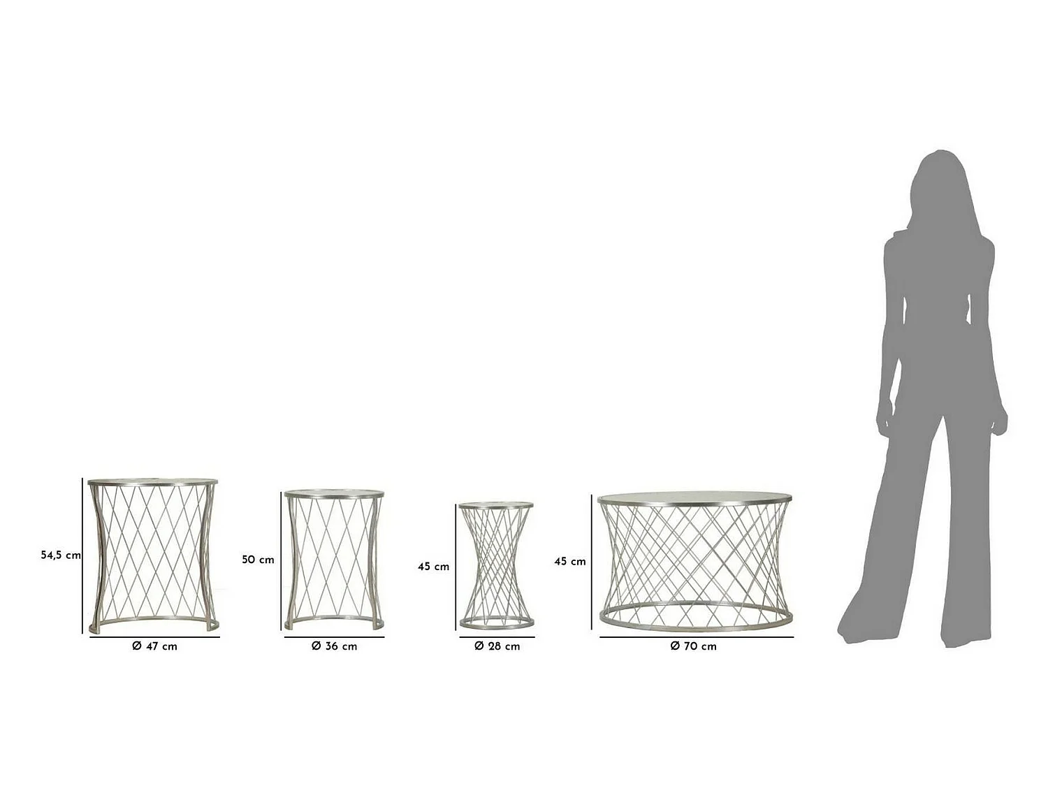 Salontafel Cabiaglio, set van 4 tafeltjes, 70x70x55h cm zilver, ronde vorm, glazen blad