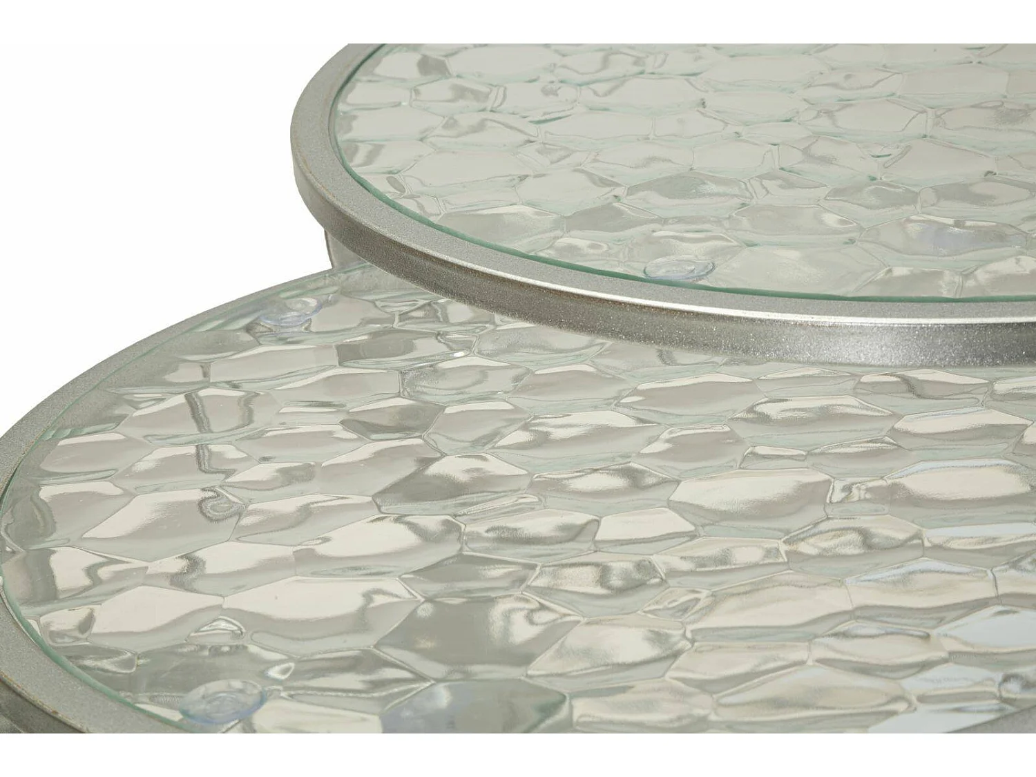 Salontafel Cabiaglio, set van 4 tafeltjes, 70x70x55h cm zilver, ronde vorm, glazen blad