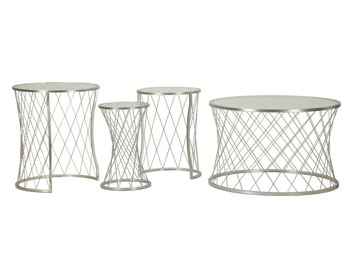 Salontafel Cabiaglio, set van 4 tafeltjes, 70x70x55h cm zilver, ronde vorm, glazen blad