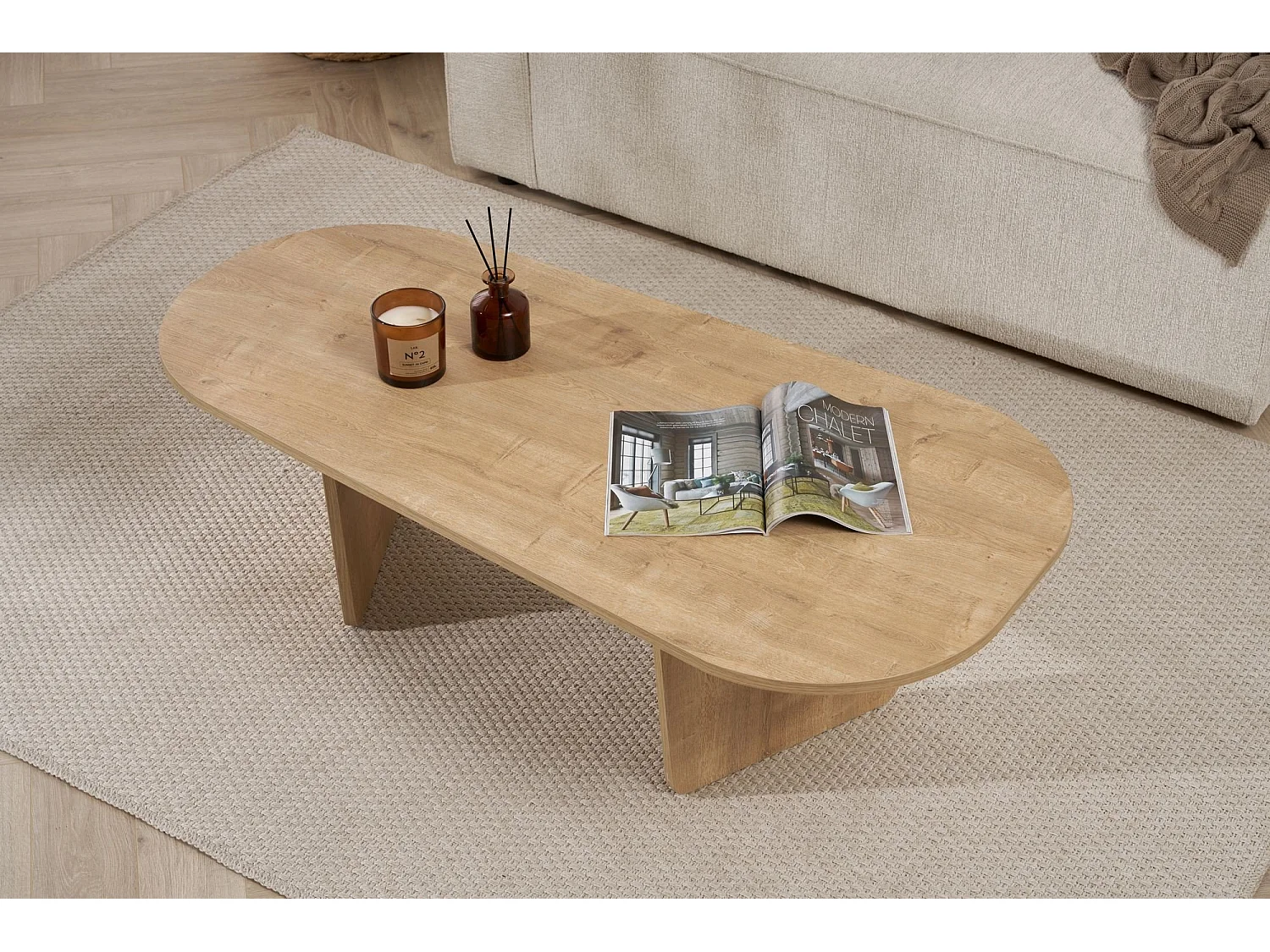 Couchtisch Dozza, Oval, 130x65x40h cm, Braun Eiche, Tischplatte Holzdekor, Farbe Platte Braun