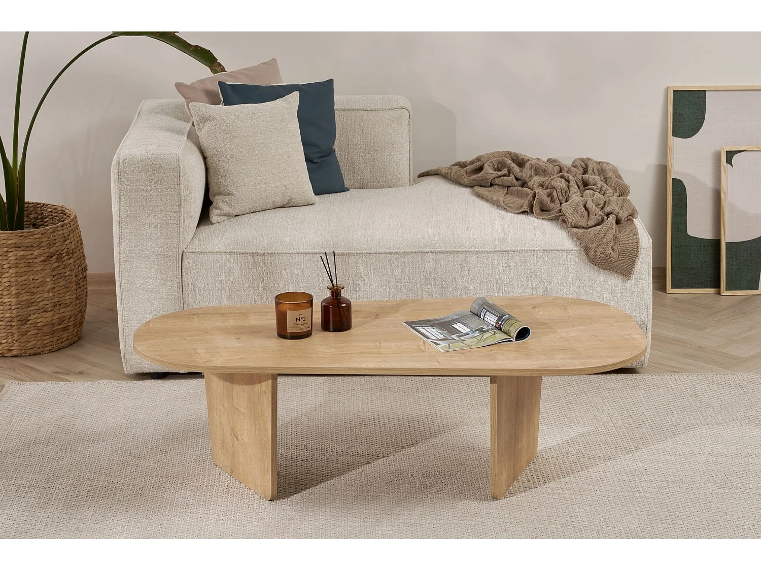 Couchtisch Dozza, Oval, 130x65x40h cm, Braun Eiche, Tischplatte Holzdekor, Farbe Platte Braun