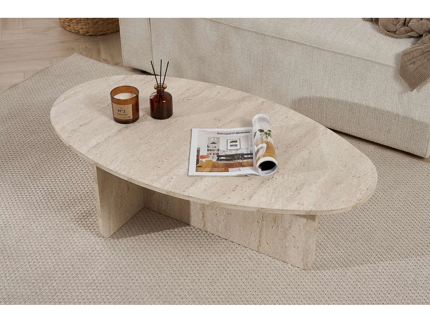 Wohnzimmertisch Parona, Oval, 120x65x40h cm, Weißer Marmor-Look, Hochwertige Holzplatte, Ablage Weiß