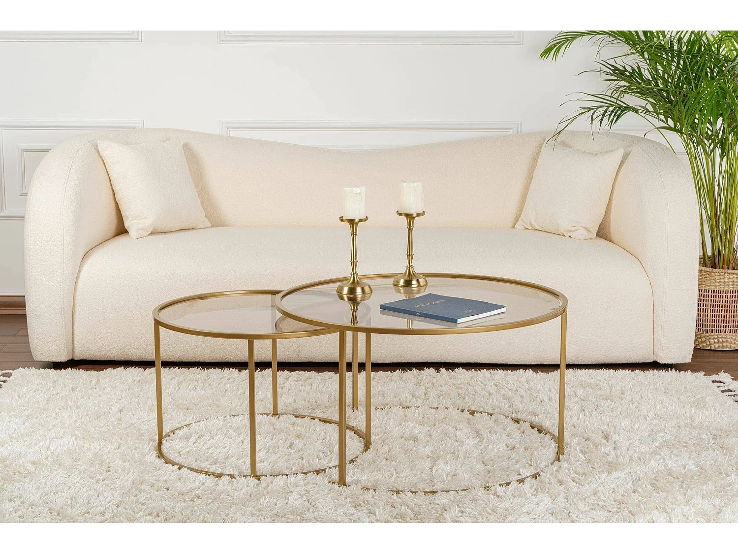Aedion salontafel, set van 2 tafeltjes, 80x80x43h cm goudbrons, ronde vorm, glazen frame
