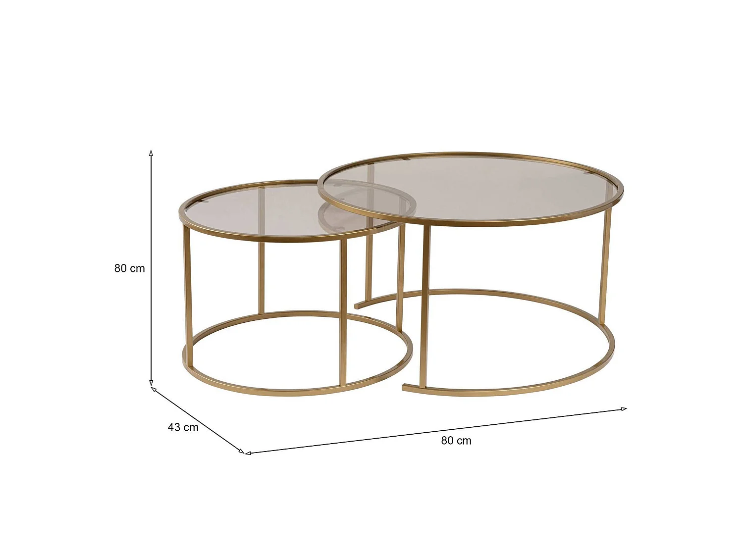 Aedion salontafel, set van 2 tafeltjes, 80x80x43h cm goudbrons, ronde vorm, glazen frame