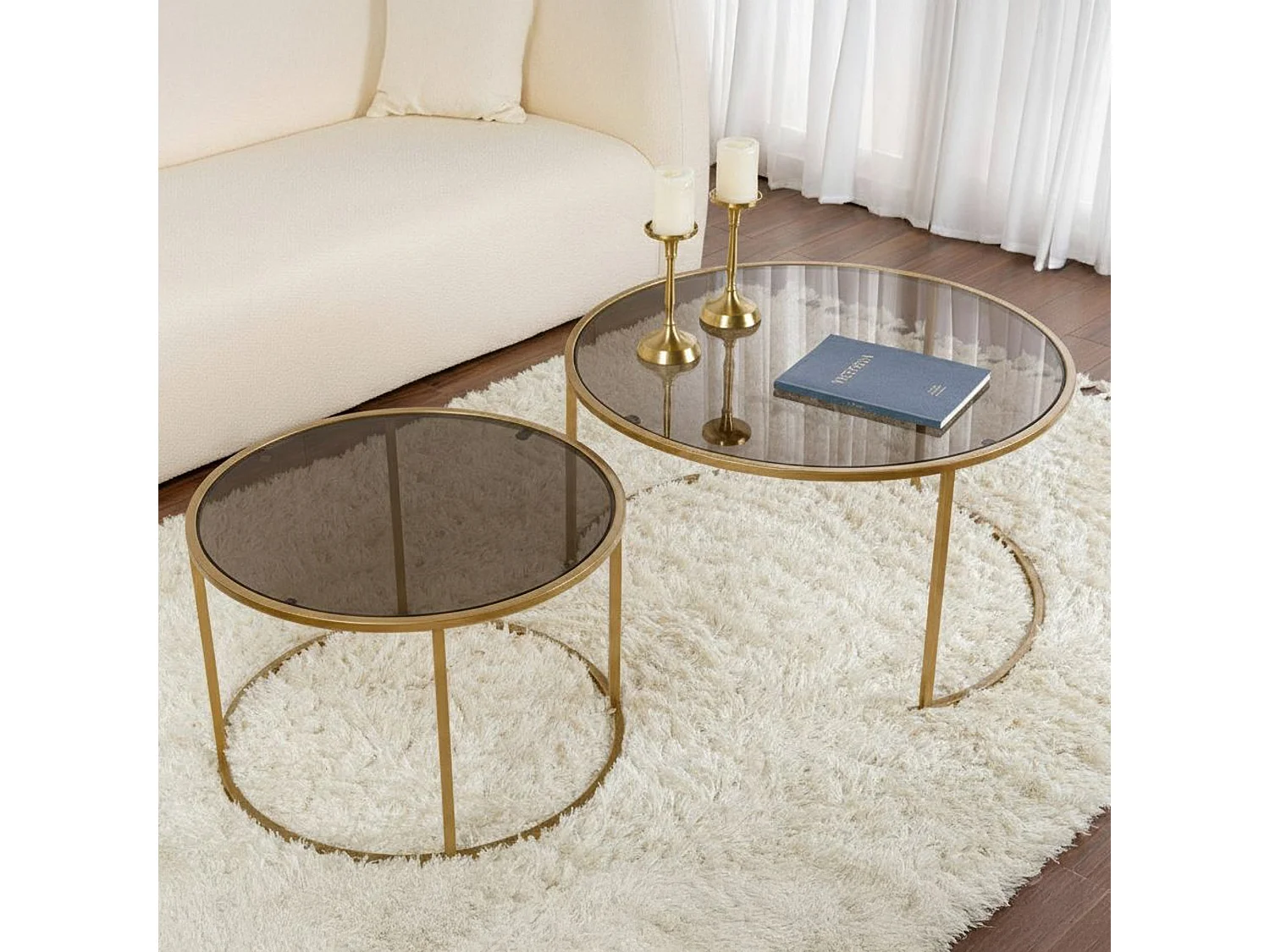 Aedion salontafel, set van 2 tafeltjes, 80x80x43h cm goudbrons, ronde vorm, glazen frame