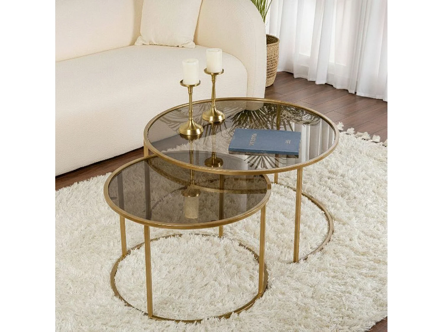 Aedion salontafel, set van 2 tafeltjes, 80x80x43h cm goudbrons, ronde vorm, glazen frame