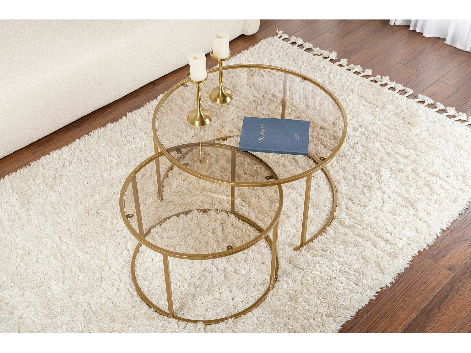 Aedion salontafel, set van 2 tafeltjes, 80x80x43h cm goudbrons, ronde vorm, glazen frame