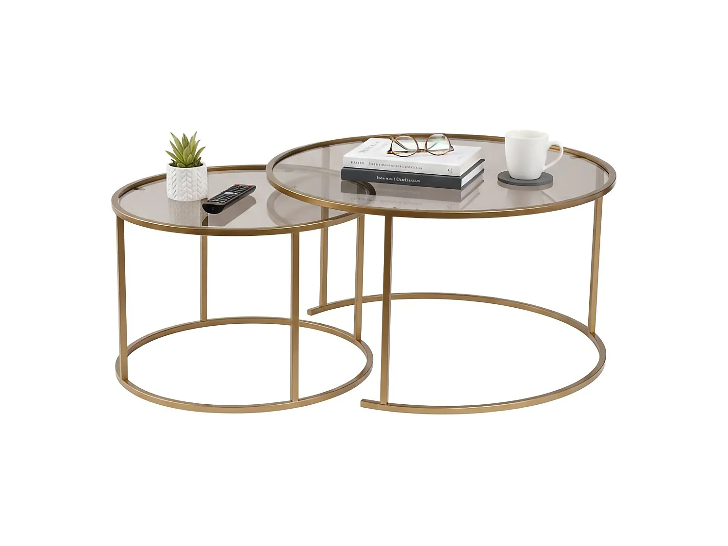Mesa de centro Aedion, conjunto de 2 mesas, 80x80x43h cm ouro bronze, forma circular, estrutura em vidro