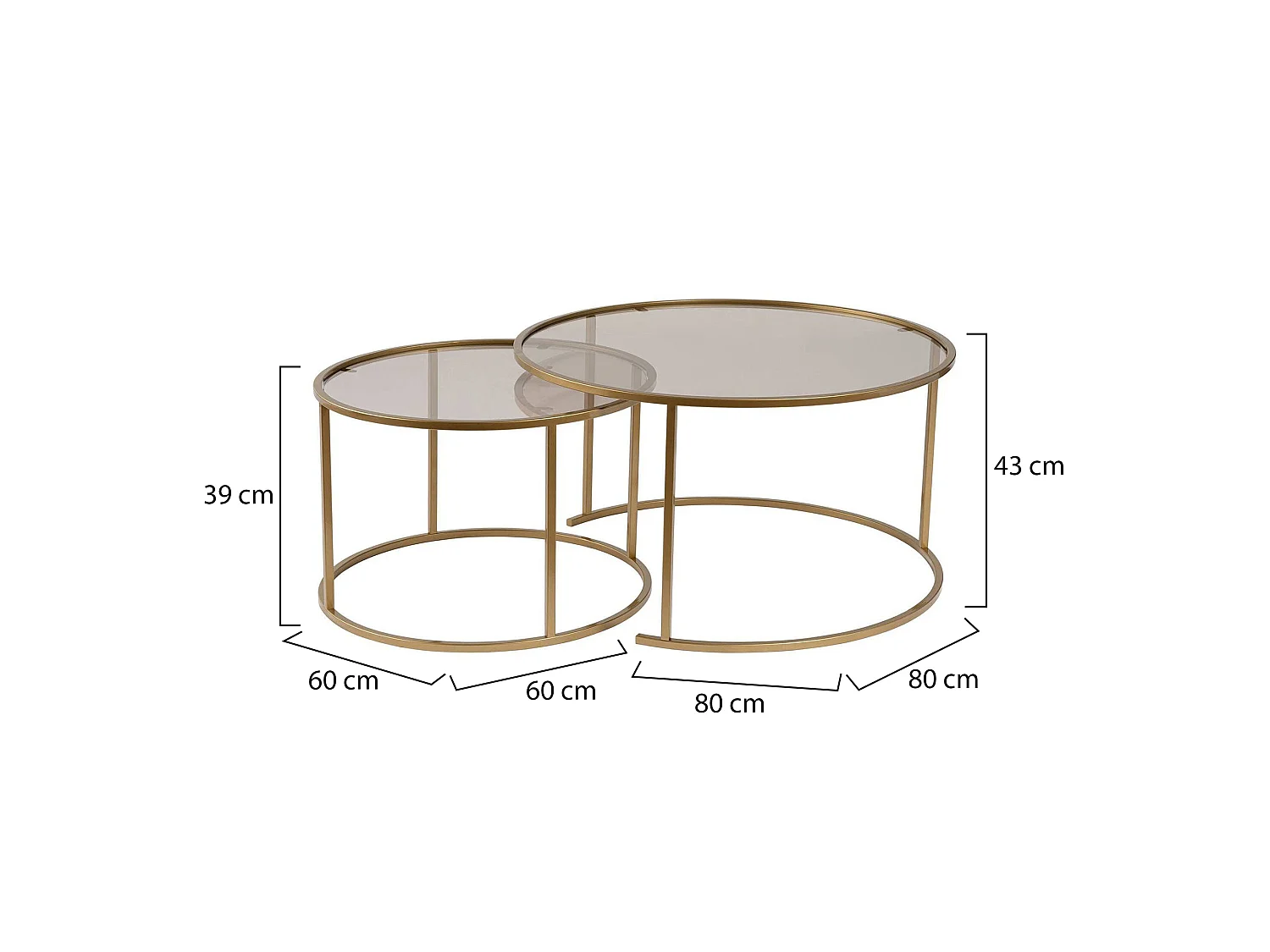 Mesa de centro Aedion, conjunto de 2 mesas, 80x80x43h cm ouro bronze, forma circular, estrutura em vidro