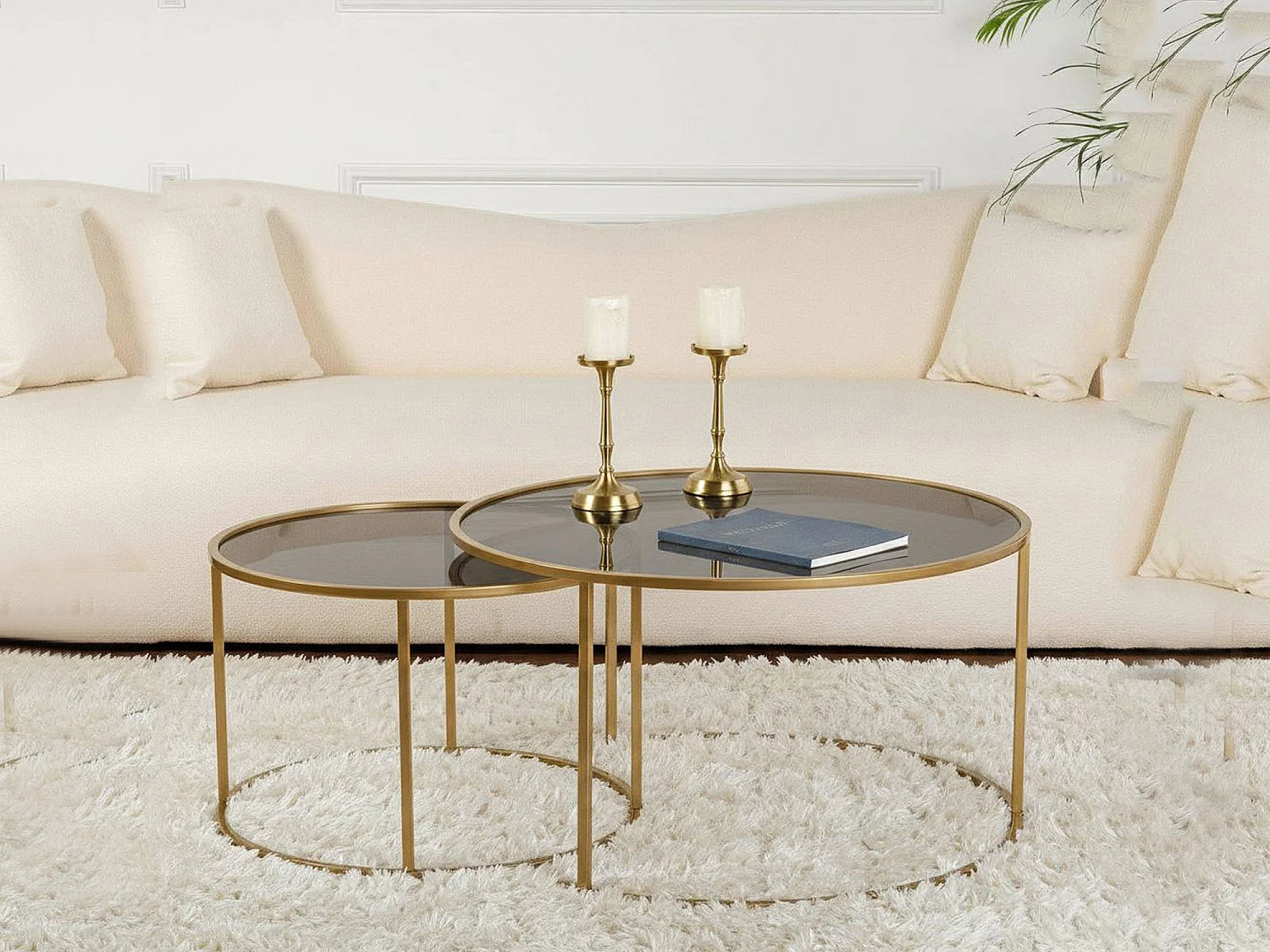Mesa de centro Aedion, conjunto de 2 mesas, 80x80x43h cm ouro bronze, forma circular, estrutura em vidro