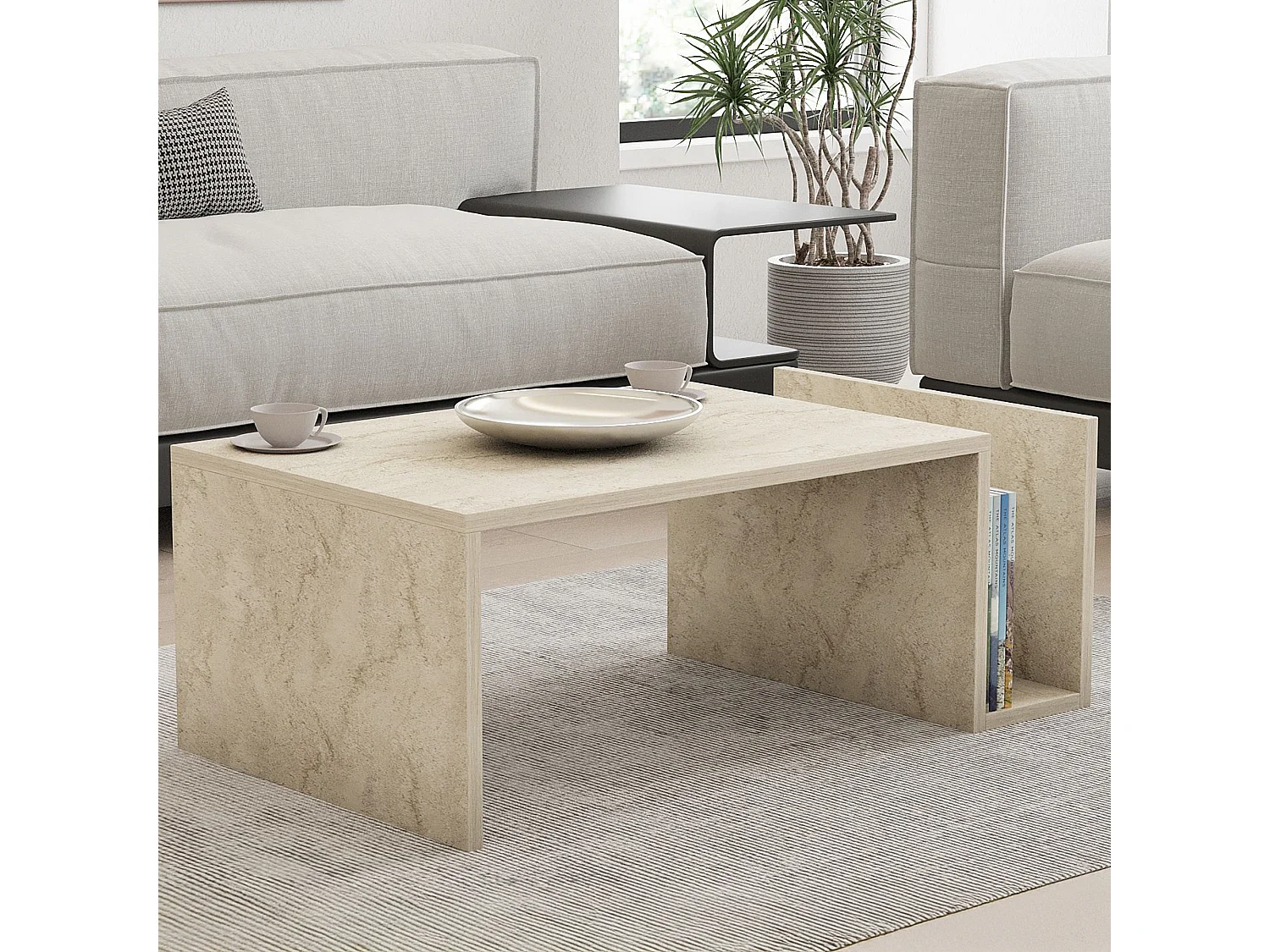 Tavolino da Salotto Piuro, un Vano, 87x50x32h cm Beige Marmo, Forma Rettangolare, Sfumatura Colore Ripiano Marmo