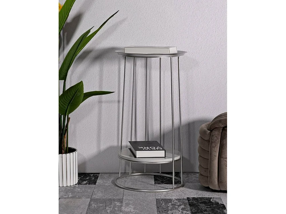 Salontafeltje Biferno, tijdschriftenhouder, 40x40x76h cm, zilver, één vak, ronde vorm