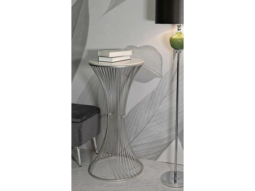 Salontafeltje Merli, gevlochten structuur, 50x50x100h cm zilver, ronde vorm, marmeren blad