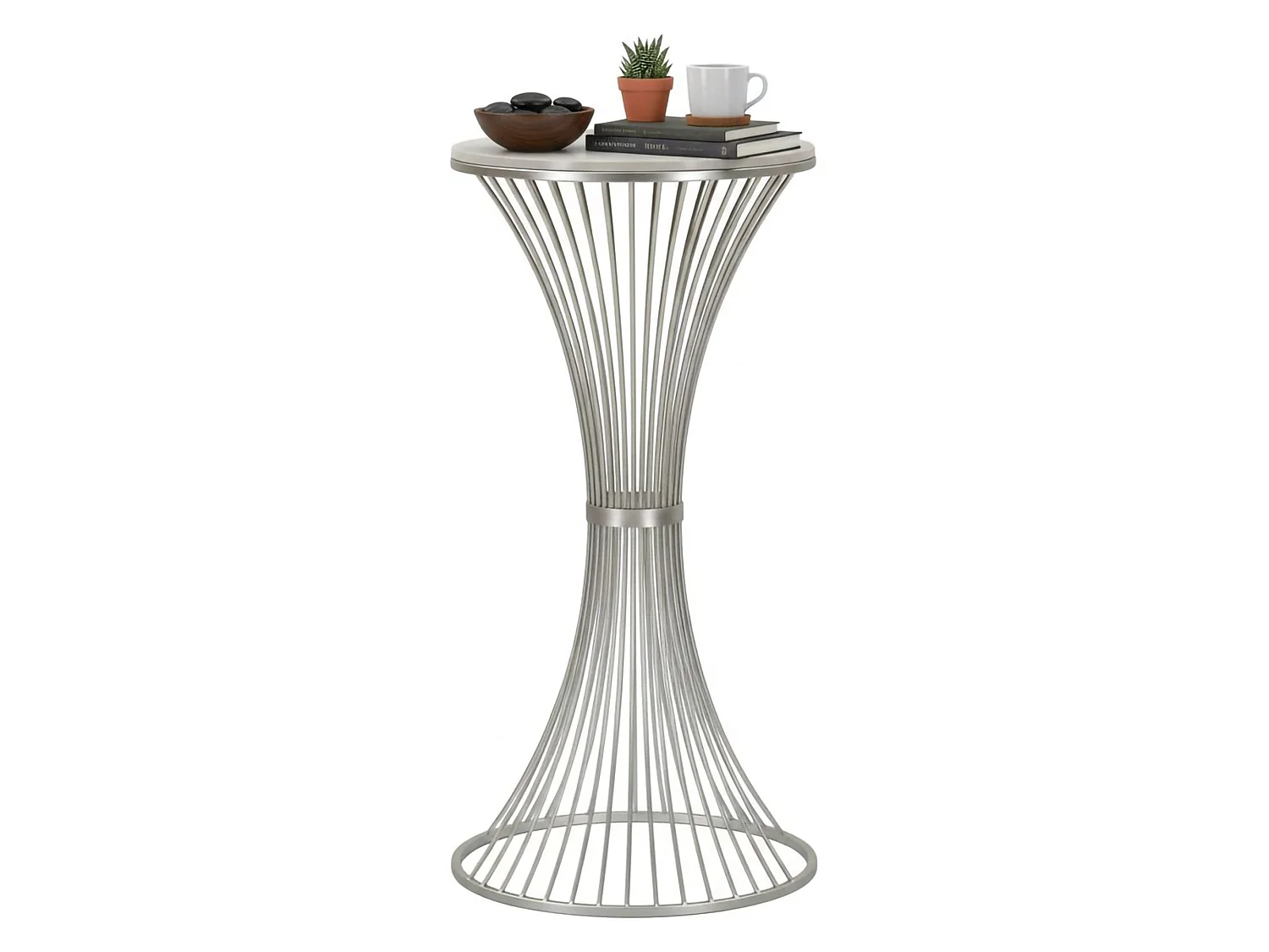 Salontafeltje Merli, gevlochten structuur, 50x50x100h cm zilver, ronde vorm, marmeren blad