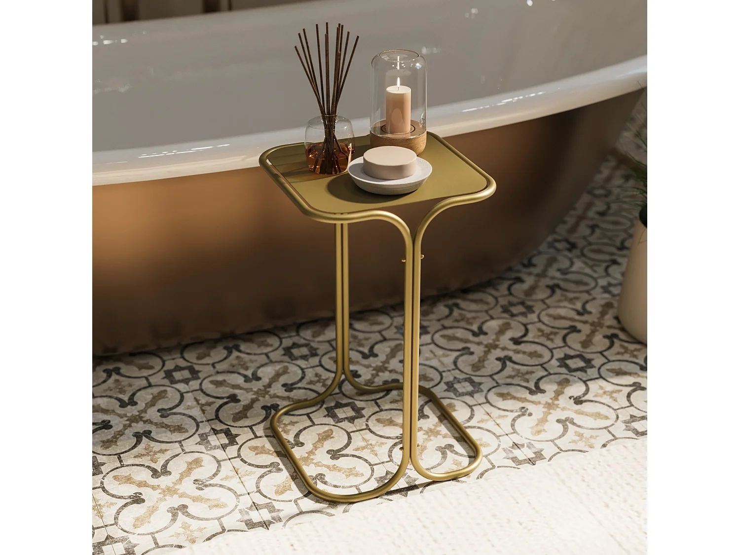 Tavolino da Salotto Perrero, Forma Quadrato, 30x30x52h cm oro, Materiale Piano in Metallo, Colore Ripiano oro