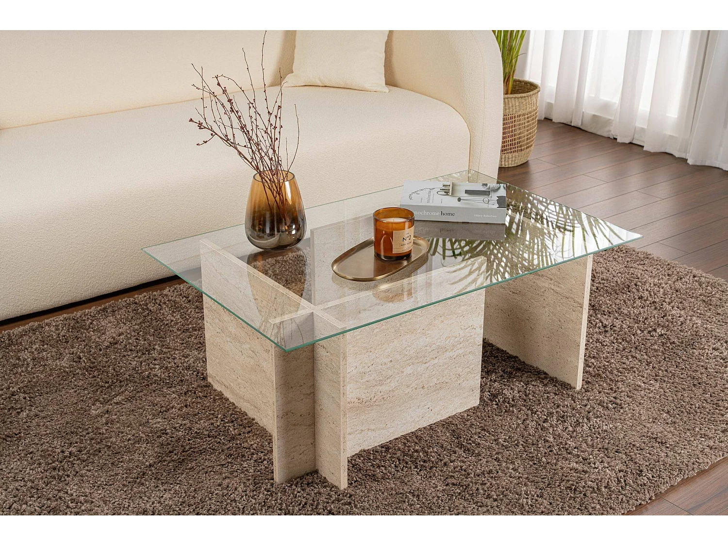 Salontafel Azriel, tijdschriftenhouder, 105x65x40h cm beige, rechthoekig, glazen tafelblad