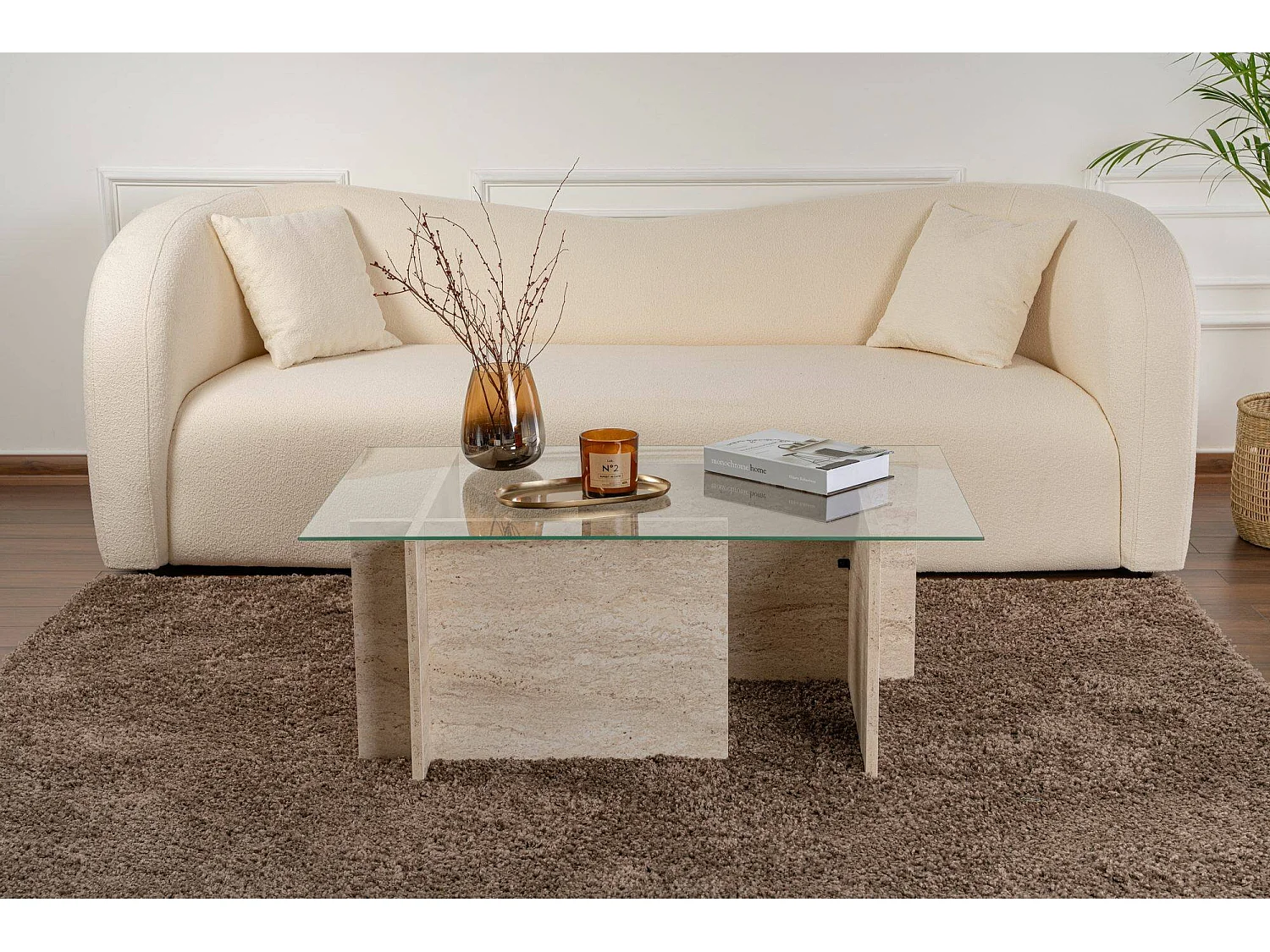 Salontafel Azriel, tijdschriftenhouder, 105x65x40h cm beige, rechthoekig, glazen tafelblad