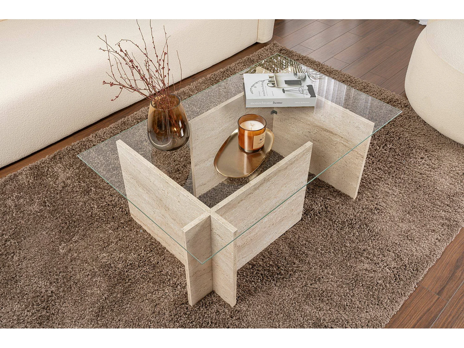 Salontafel Azriel, tijdschriftenhouder, 105x65x40h cm beige, rechthoekig, glazen tafelblad