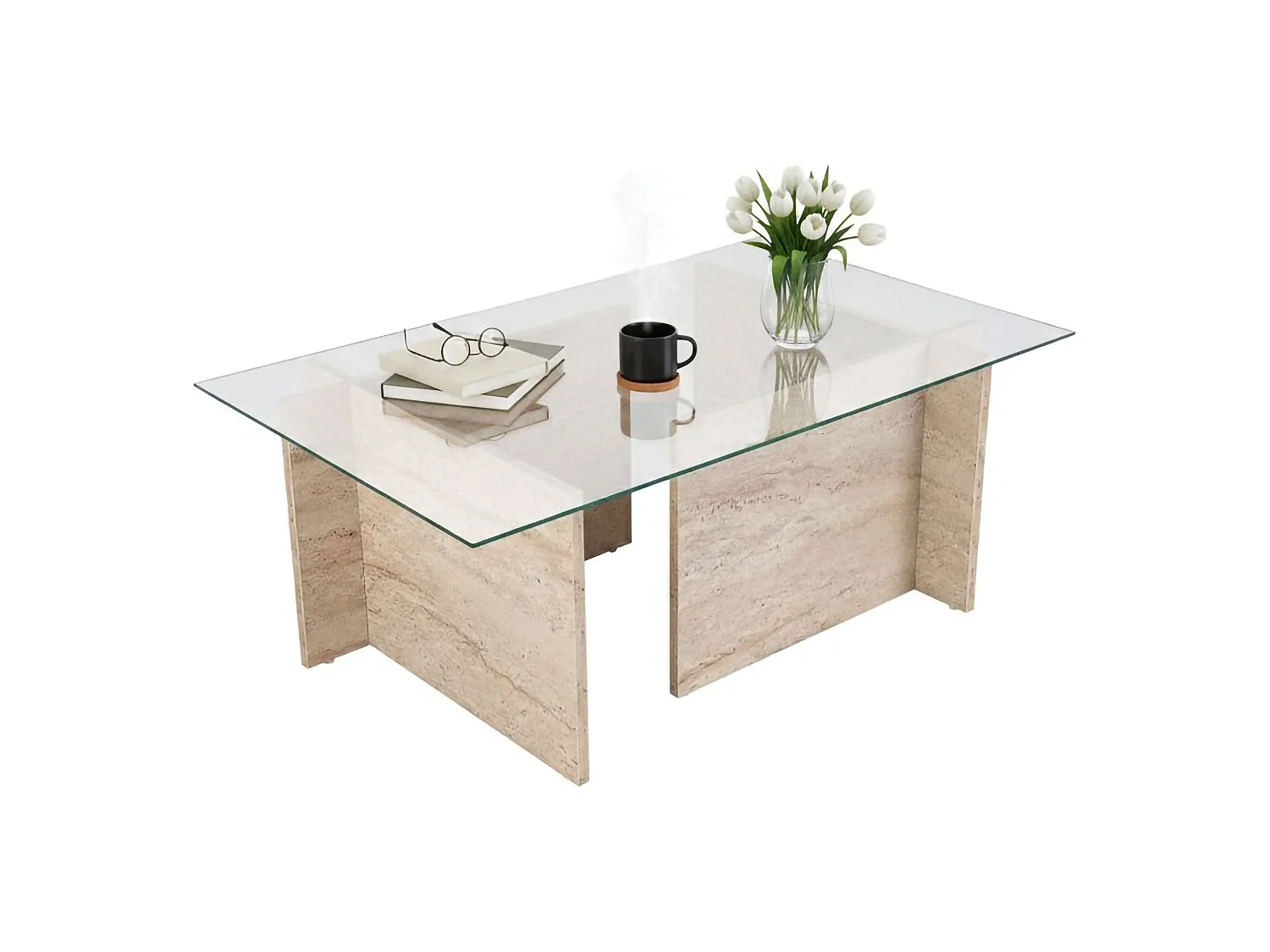 Mesa de Centro Azriel, Porta-revistas, 105x65x40h cm Bege, Forma Retangular, Tampo em Vidro