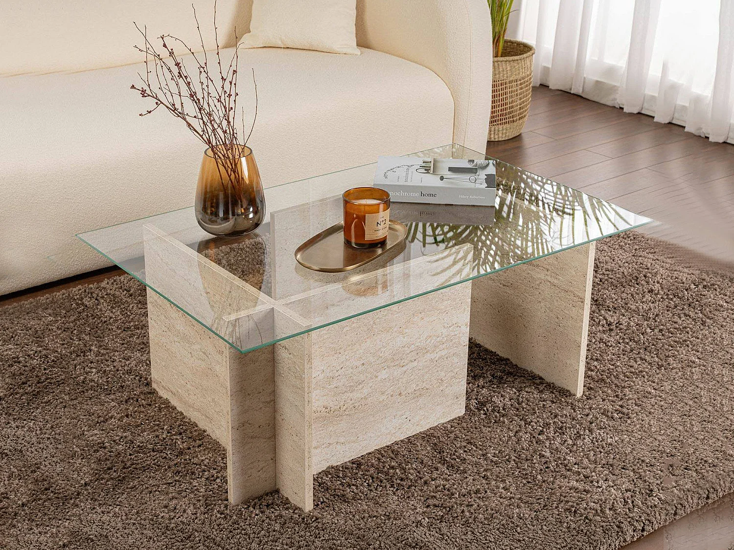 Mesa de Centro Azriel, Porta-revistas, 105x65x40h cm Bege, Forma Retangular, Tampo em Vidro