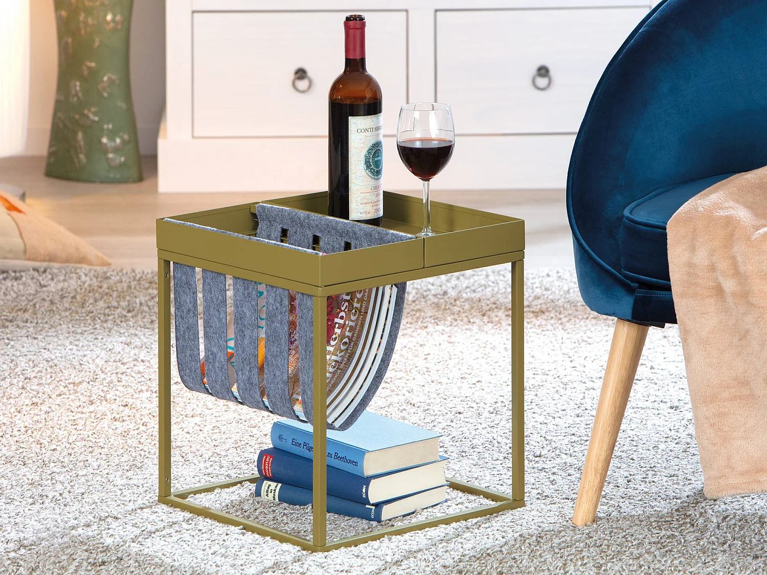 Table basse Limana, Porte-revues, 35x40x35h cm Vert, Forme carrée, Plateau de couleur verte