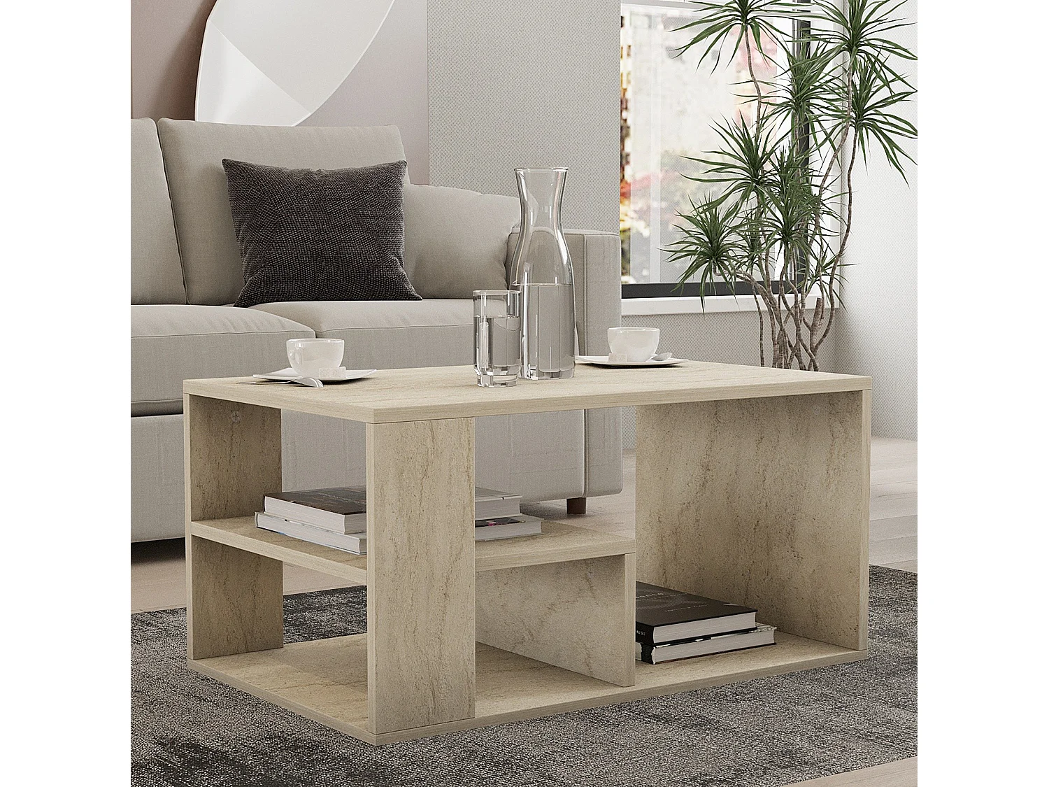 Tavolino da Salotto Verde, 2 Vani, 80x40x50h cm Beige Marmo, Forma Rettangolare, Sfumatura Colore Ripiano Marmo
