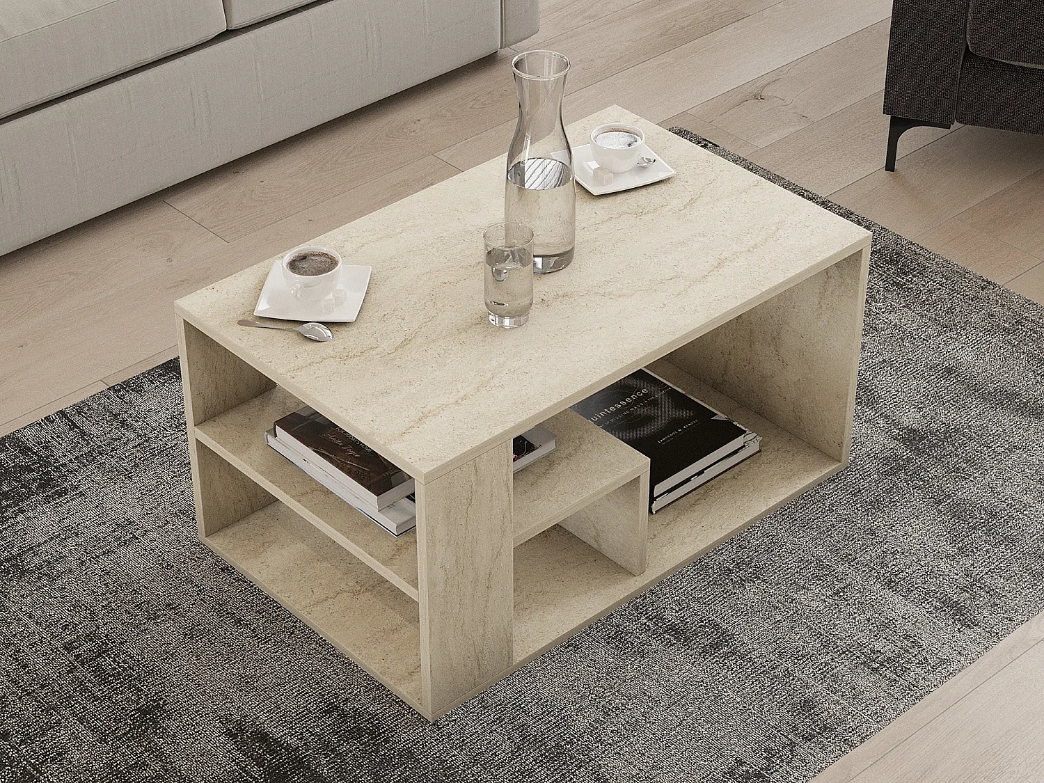 Tavolino da Salotto Verde, 2 Vani, 80x40x50h cm Beige Marmo, Forma Rettangolare, Sfumatura Colore Ripiano Marmo