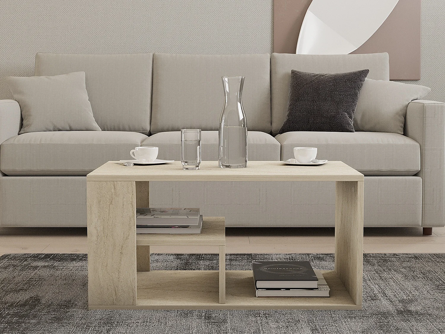 Tavolino da Salotto Verde, 2 Vani, 80x40x50h cm Beige Marmo, Forma Rettangolare, Sfumatura Colore Ripiano Marmo