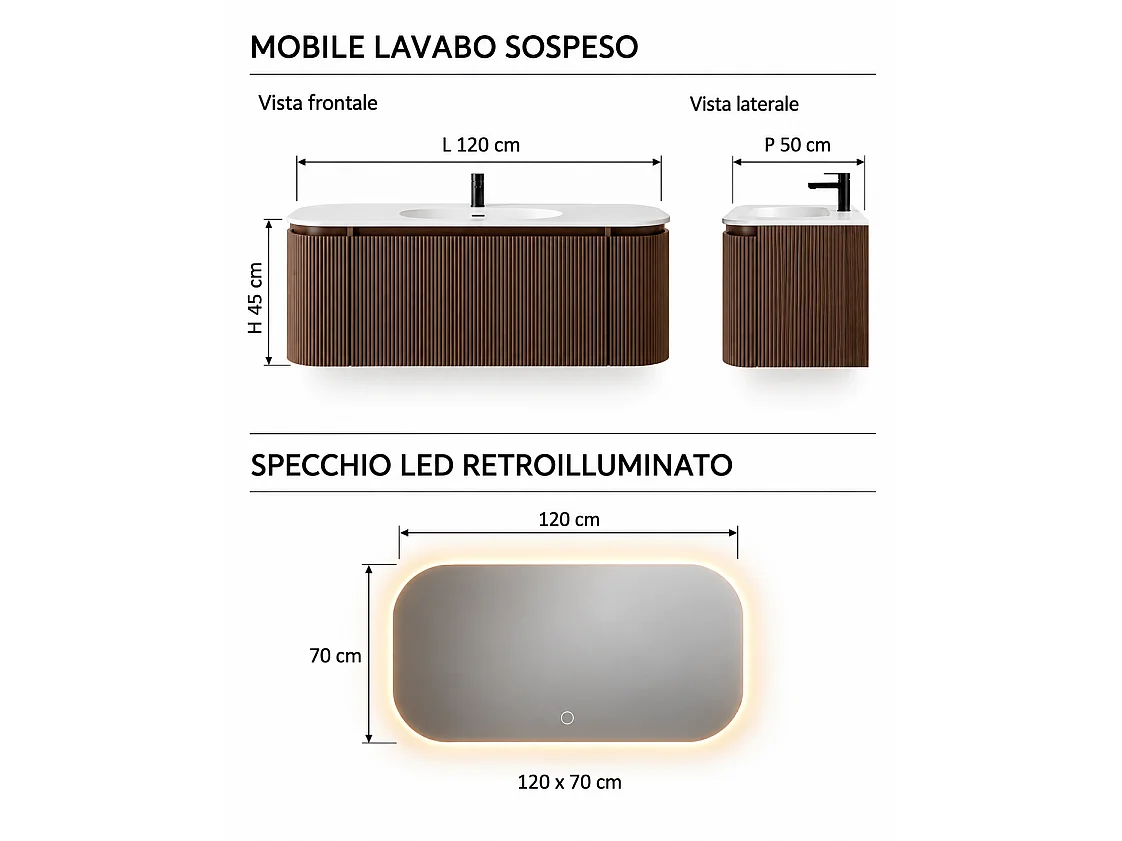 Limpido Design Base 120 cm  Legno Noce Lavabo Specchio retro illuminato
