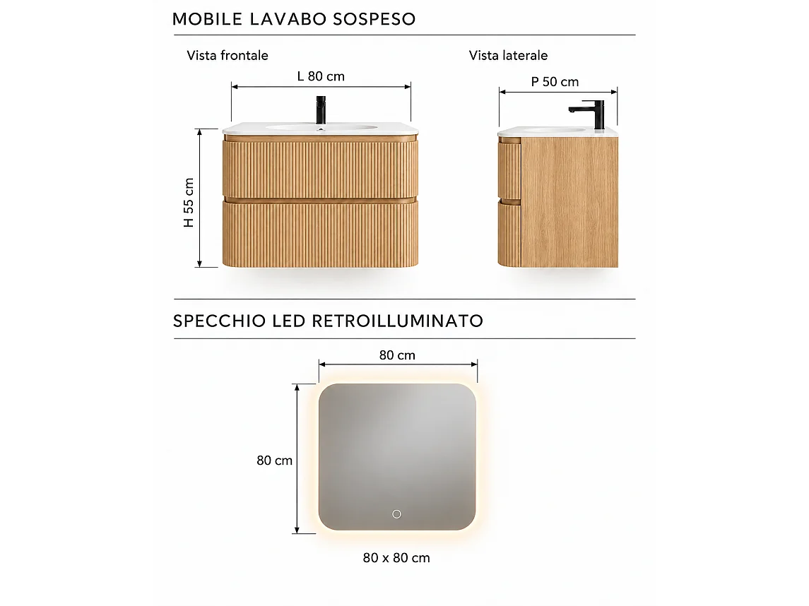Limpido Design Base 80cm Rovere Puro  Lavabo Specchio retro illuminato