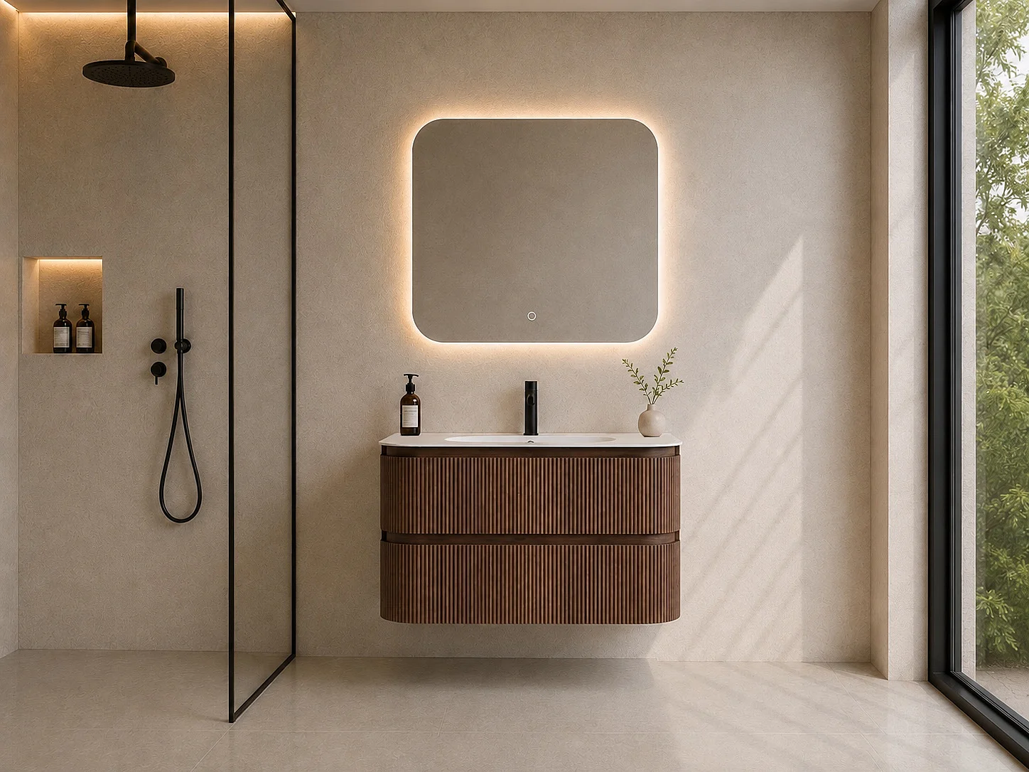Limpido Design Base 80cm  Noce Puro Lavabo Specchio retro illuminato