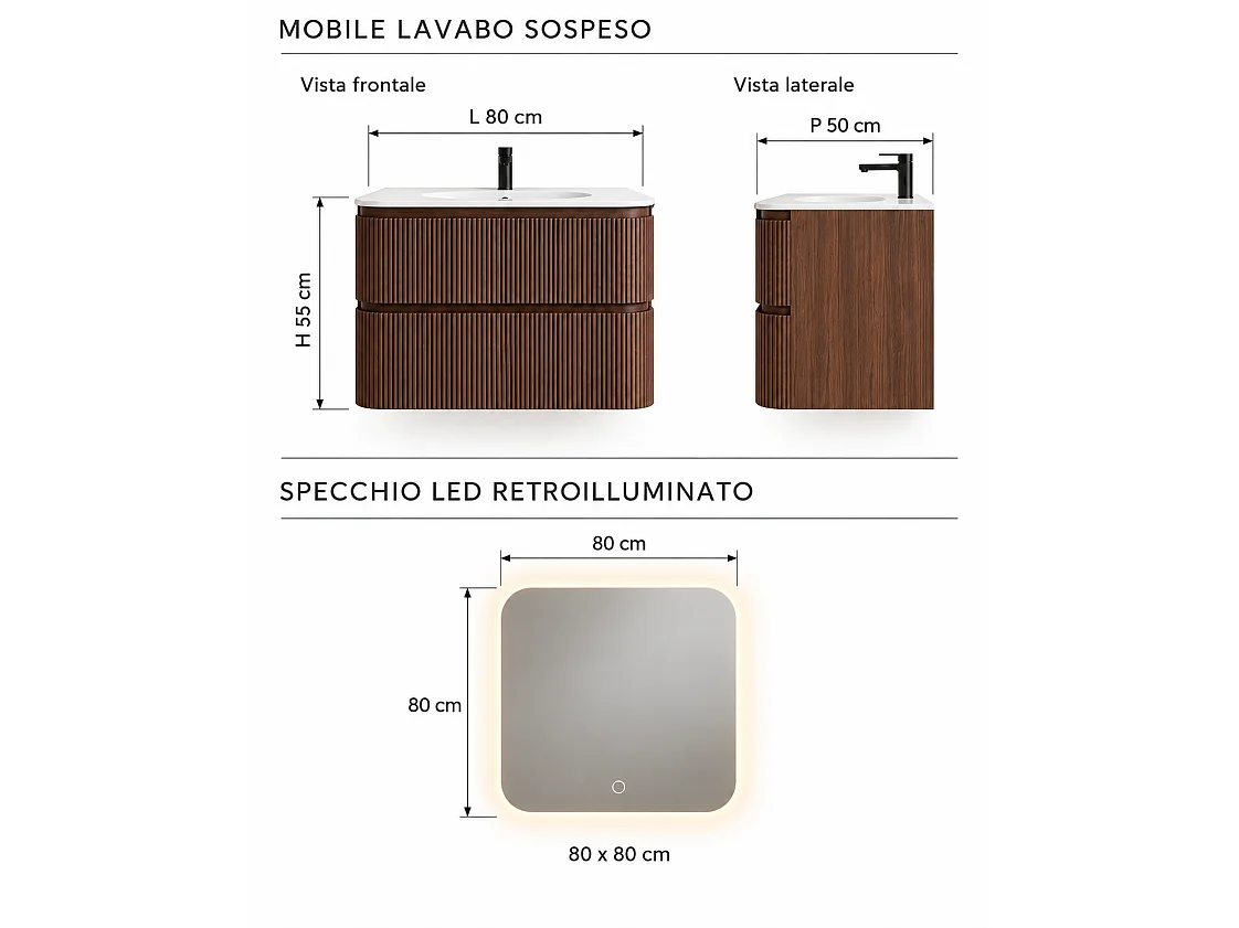 Limpido Design Base 80cm  Noce Puro Lavabo Specchio retro illuminato